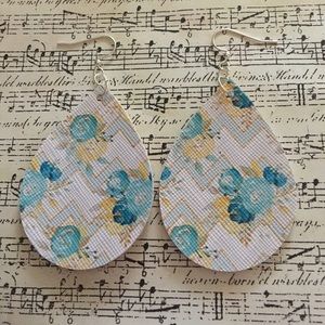 Blue floral chevron faux leather earrings